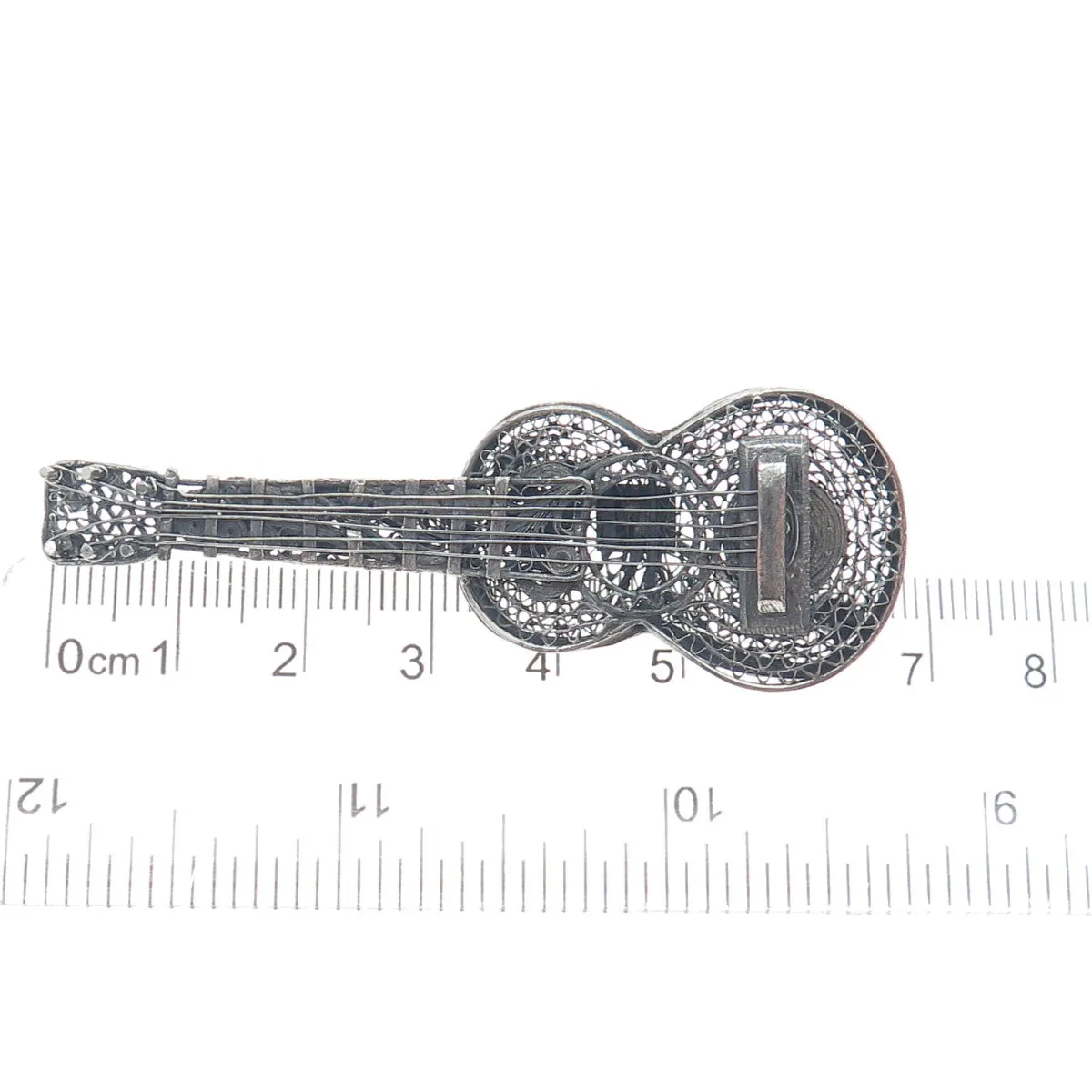 925 Sterling Silver Vintage Mexico Guitar Filigree Oxidized Pin Brooch