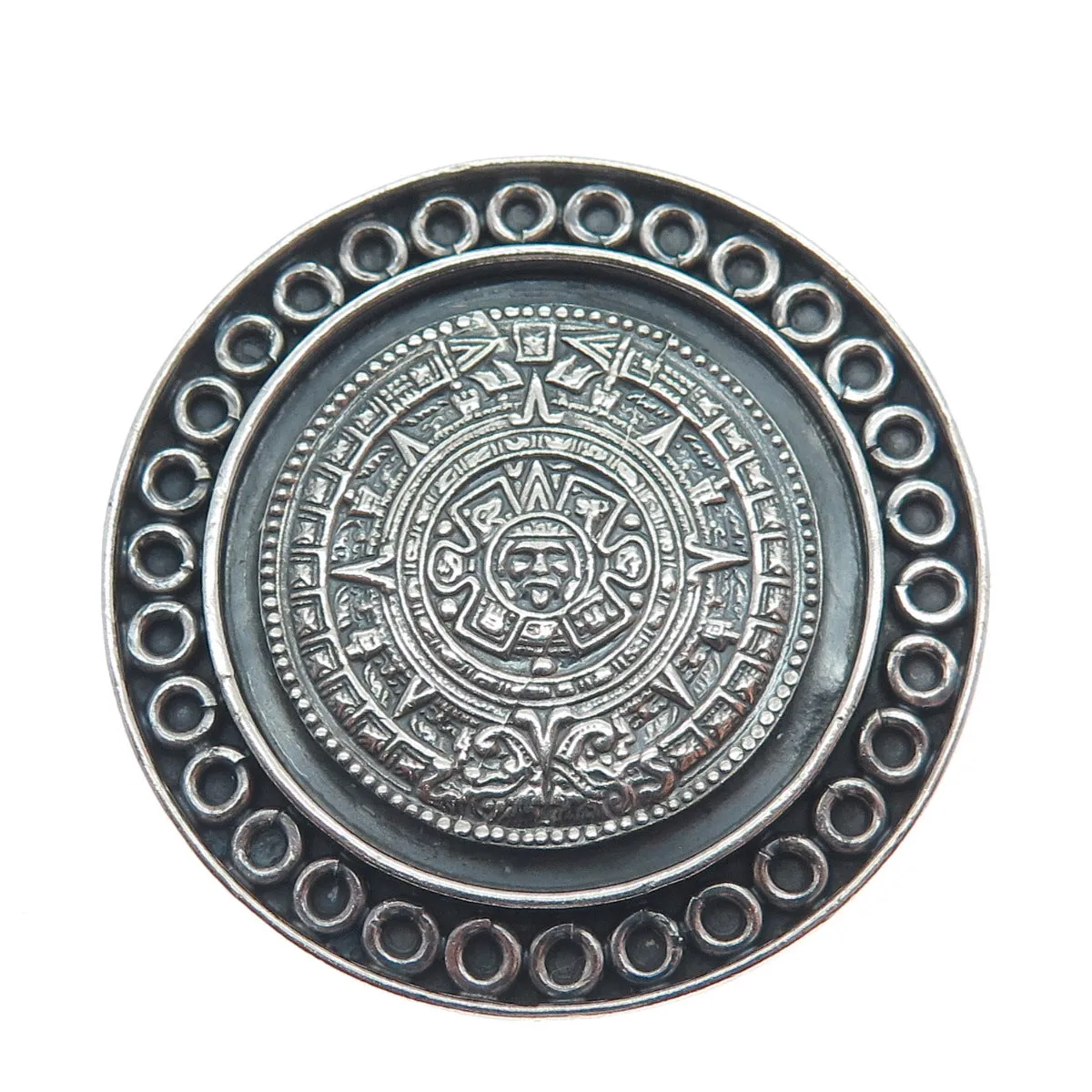 925 Sterling Silver Vintage Mexico Mayan Calendar Oxidized Pin Brooch / Pendant