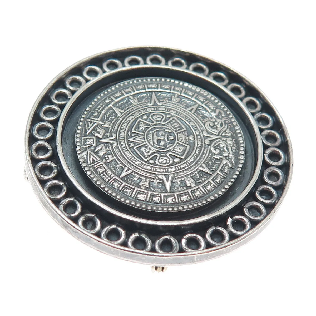 925 Sterling Silver Vintage Mexico Mayan Calendar Oxidized Pin Brooch / Pendant