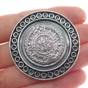 925 Sterling Silver Vintage Mexico Mayan Calendar Oxidized Pin Brooch / Pendant
