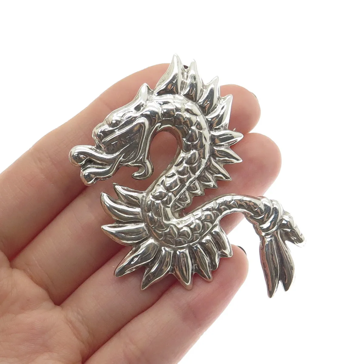 925 Sterling Silver Vintage Mexico Royal Dragon Pin Brooch / Pendant