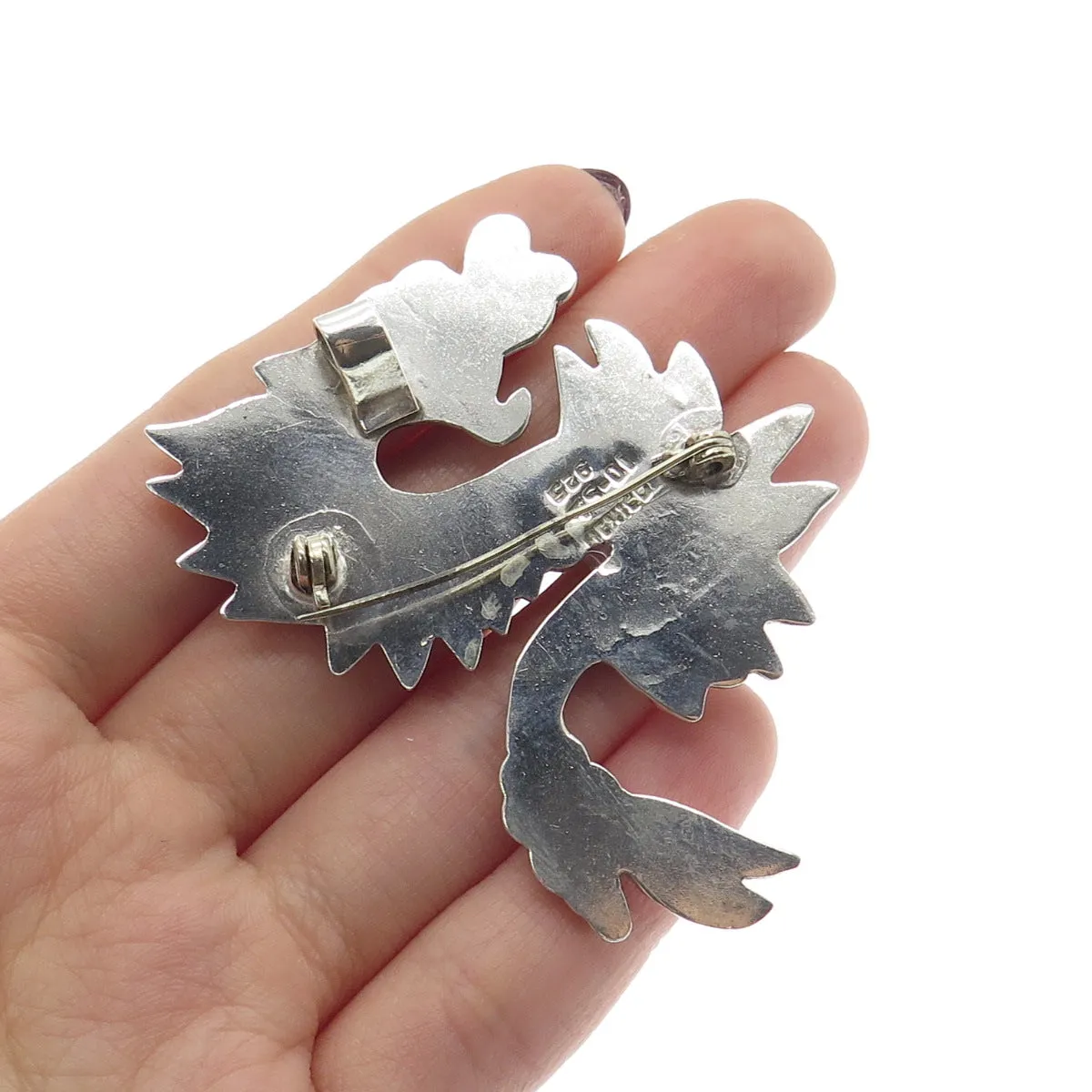925 Sterling Silver Vintage Mexico Royal Dragon Pin Brooch / Pendant