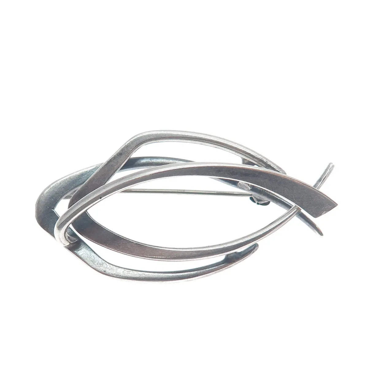 925 Sterling Silver Vintage Modernist Fish Oxidized Pin Brooch