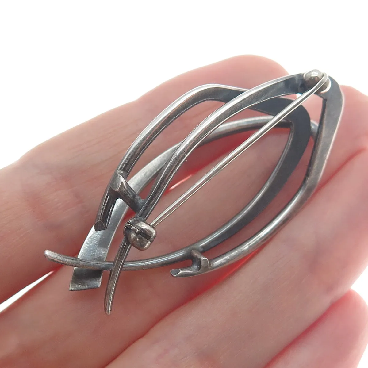 925 Sterling Silver Vintage Modernist Fish Oxidized Pin Brooch