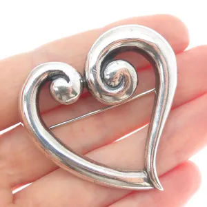 925 Sterling Silver Vintage Modernist Heart Oxidized Pin Brooch