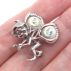 925 Sterling Silver Vintage Real Abalone Shell Fairy Elf Oxidized Pin Brooch