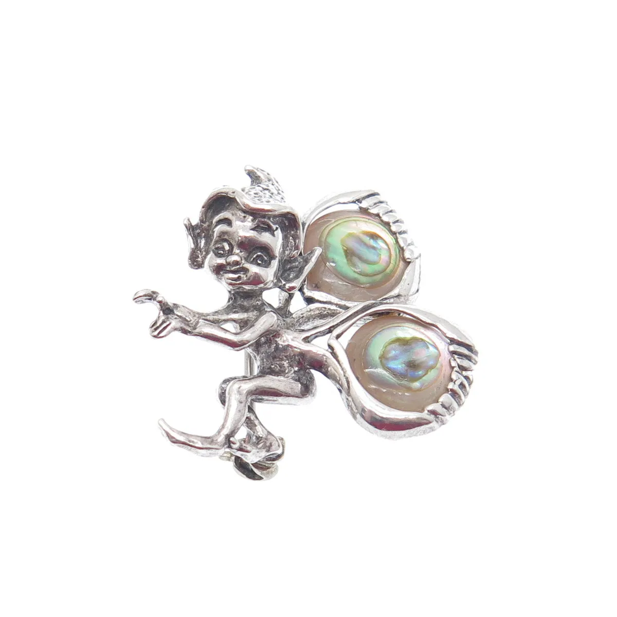 925 Sterling Silver Vintage Real Abalone Shell Fairy Elf Oxidized Pin Brooch