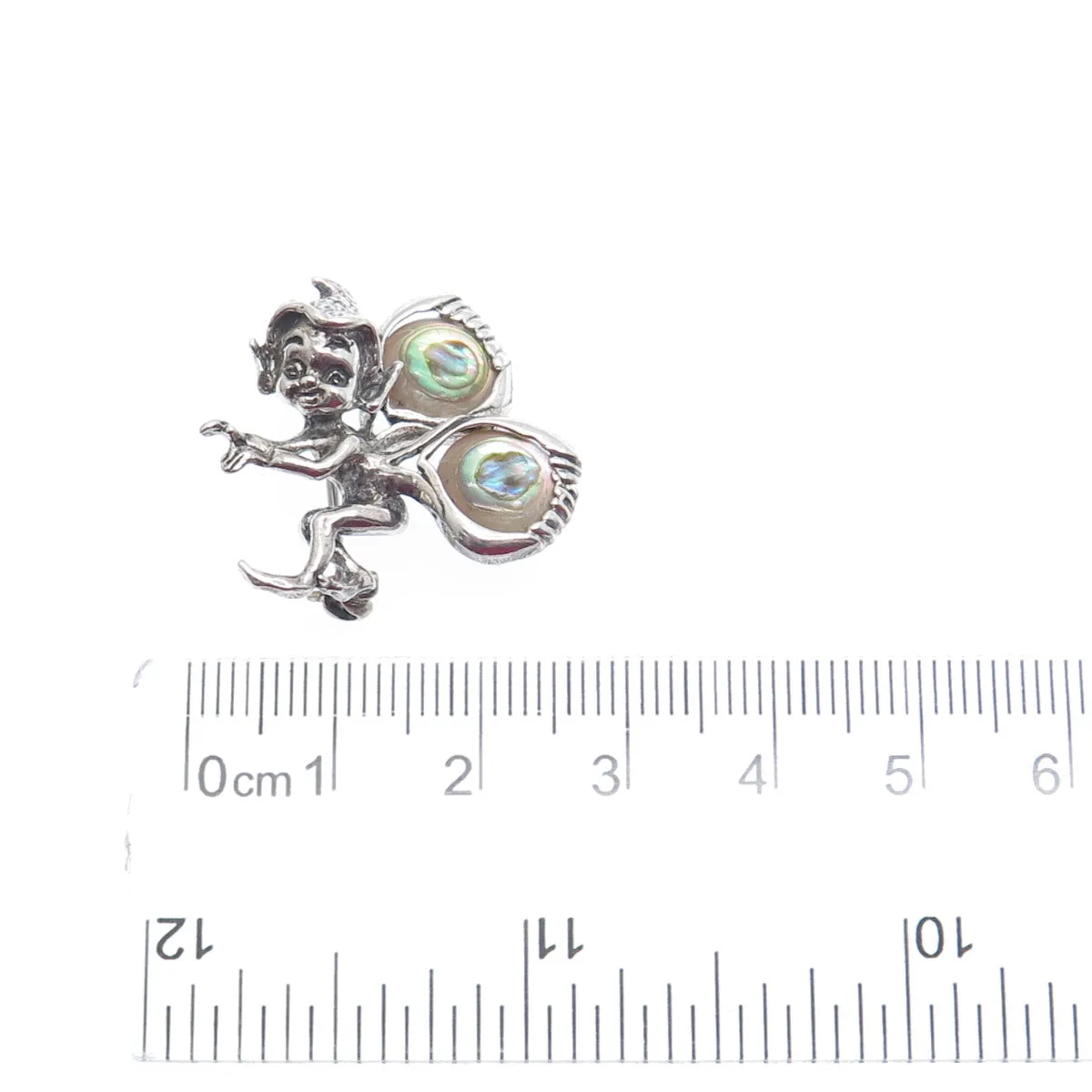 925 Sterling Silver Vintage Real Abalone Shell Fairy Elf Oxidized Pin Brooch