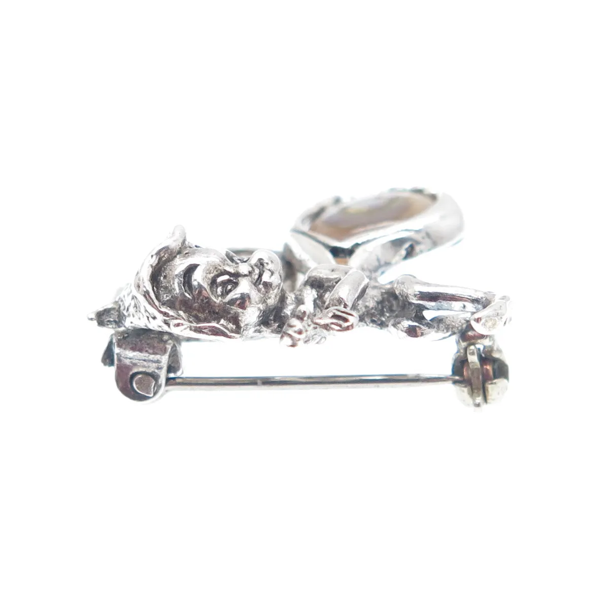 925 Sterling Silver Vintage Real Abalone Shell Fairy Elf Oxidized Pin Brooch