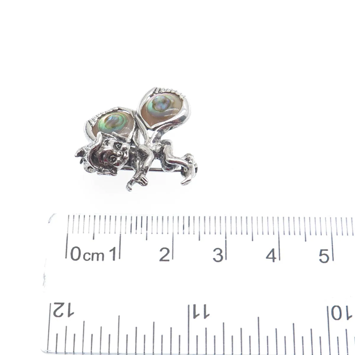 925 Sterling Silver Vintage Real Abalone Shell Fairy Elf Oxidized Pin Brooch