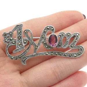 925 Sterling Silver Vintage Real Amethyst & Marcasite "#1 MOM" Pin Brooch