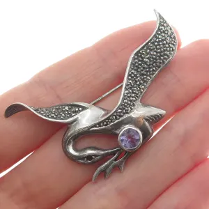925 Sterling Silver Vintage Real Amethyst Marcasite Garnet Swan Oxidized Brooch