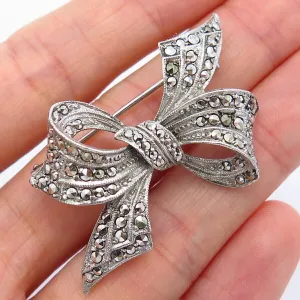 925 Sterling Silver Vintage Real Marcasite Gem Bow Ribbon Pin Brooch