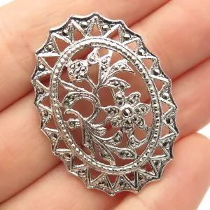 925 Sterling Silver Vintage Real Marcasite Gem Floral Ornate Pin Brooch