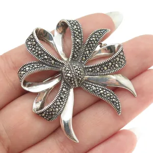 925 Sterling Silver Vintage Real Marcasite Gemstone Bow Pin Brooch