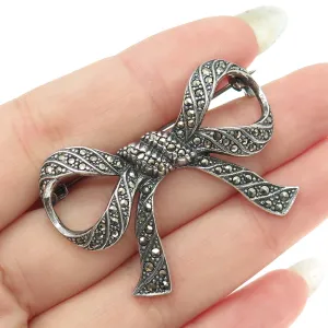 925 Sterling Silver Vintage Real Marcasite Gemstone Bow Pin Brooch