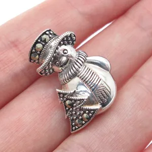 925 Sterling Silver Vintage Real Marcasite Snowman Oxidized Pin Brooch