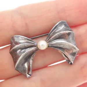 925 Sterling Silver Vintage Real Pearl Bow Oxidized Pin Brooch