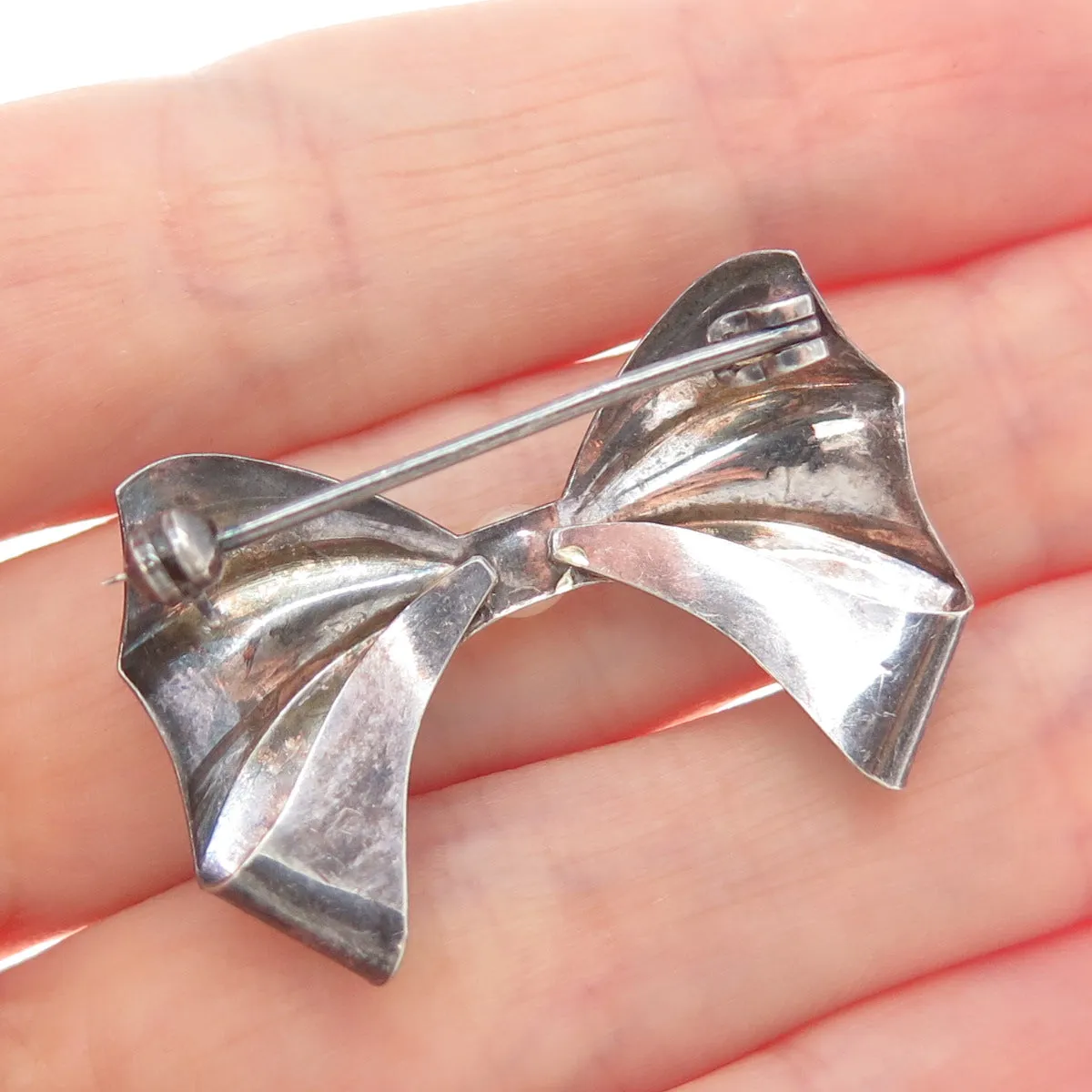 925 Sterling Silver Vintage Real Pearl Bow Oxidized Pin Brooch