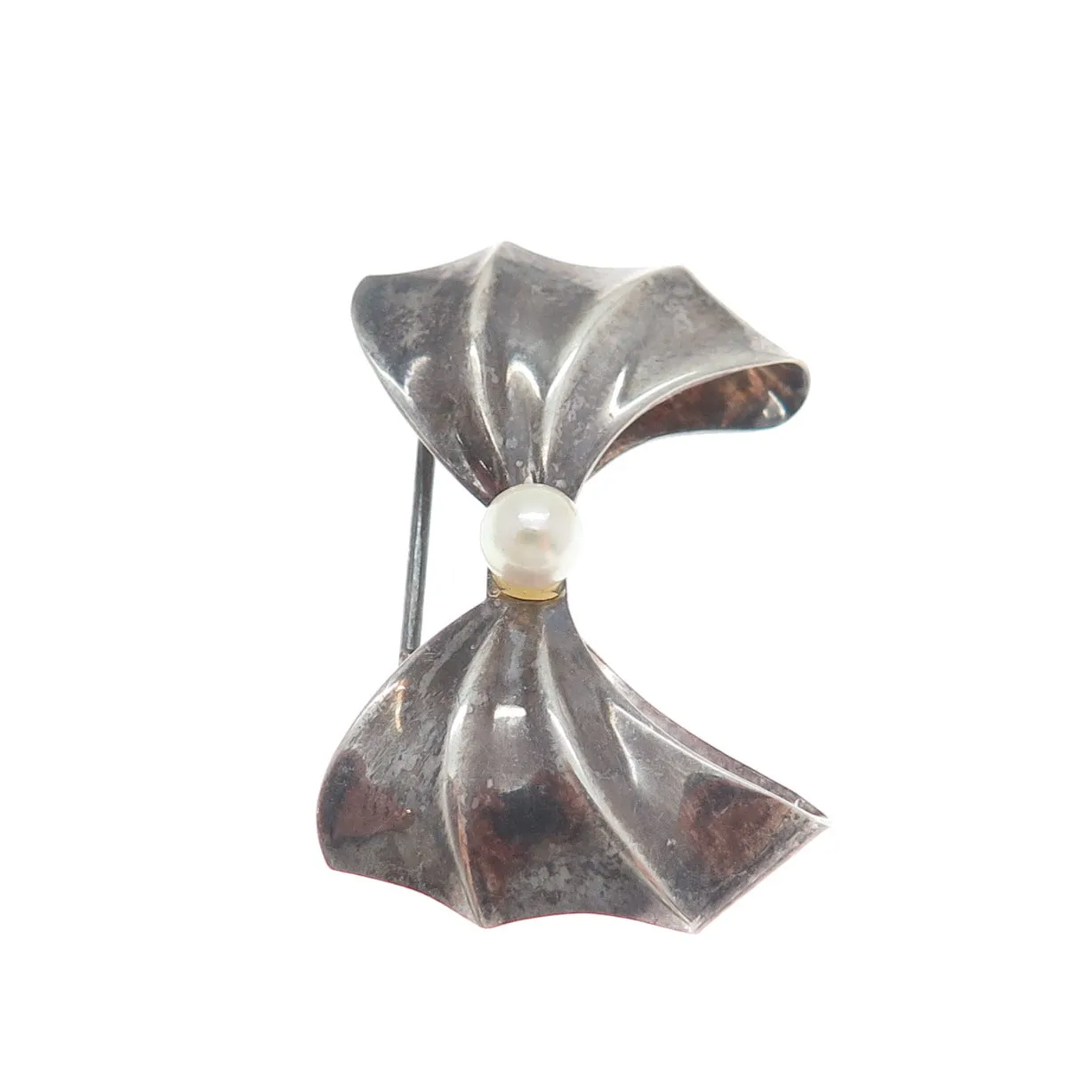 925 Sterling Silver Vintage Real Pearl Bow Oxidized Pin Brooch