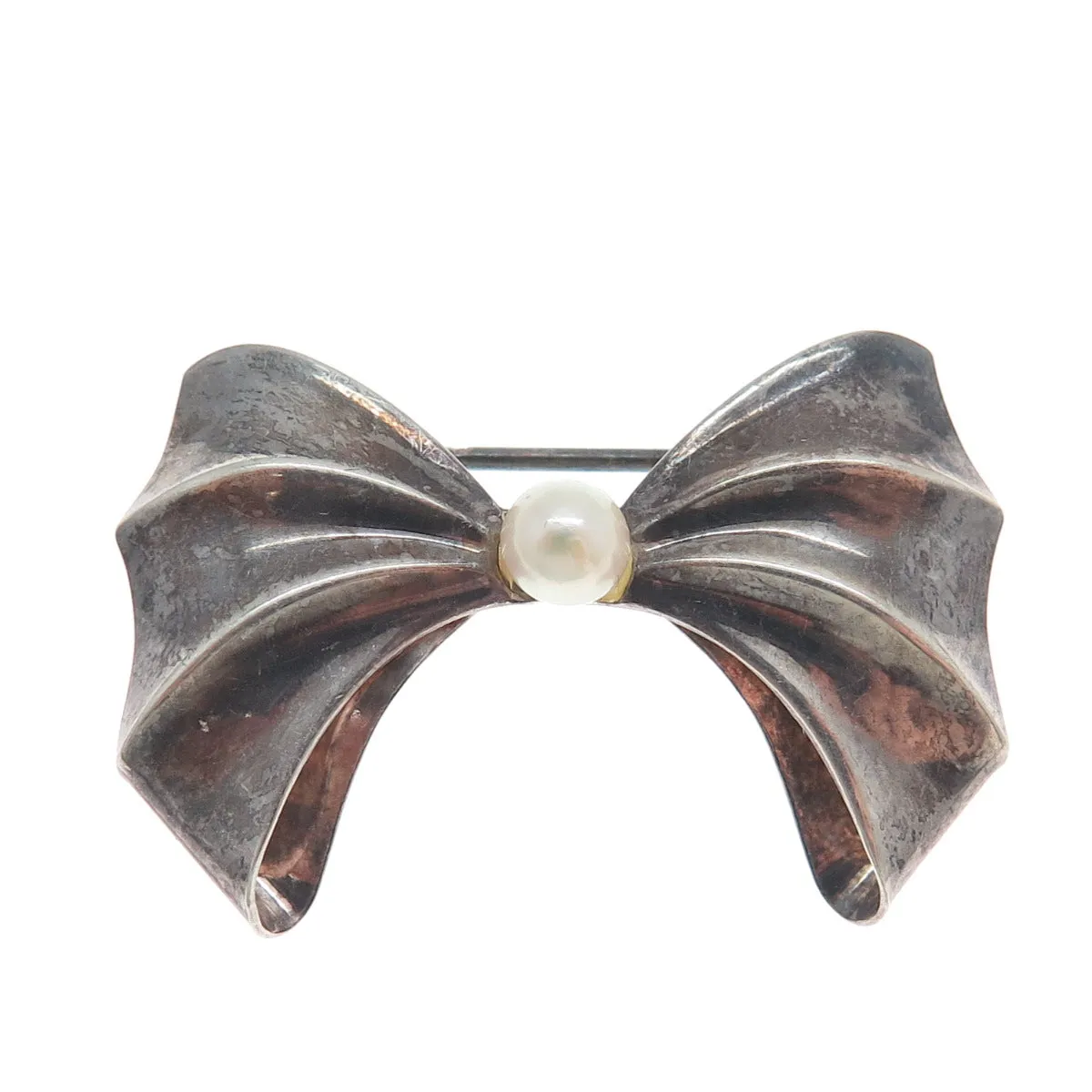 925 Sterling Silver Vintage Real Pearl Bow Oxidized Pin Brooch