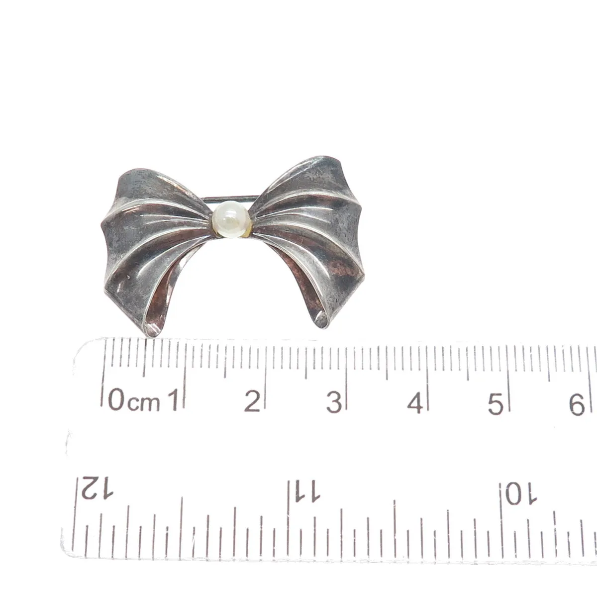 925 Sterling Silver Vintage Real Pearl Bow Oxidized Pin Brooch