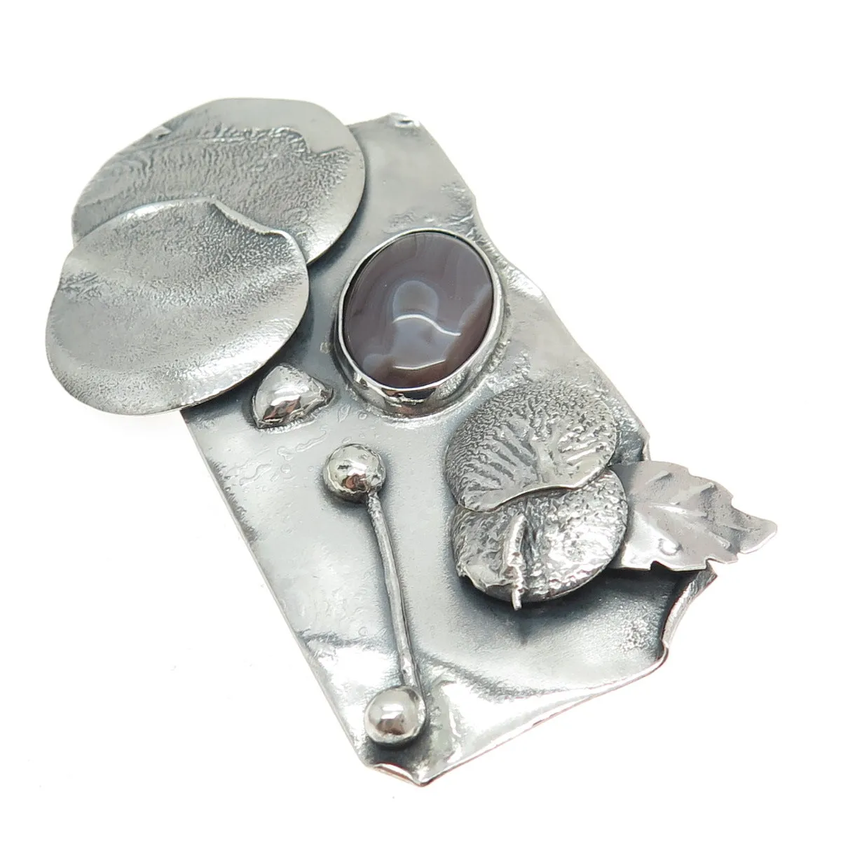 925 Sterling Silver Vintage Real Picture Agate Gemstone Modernist Pin Brooch