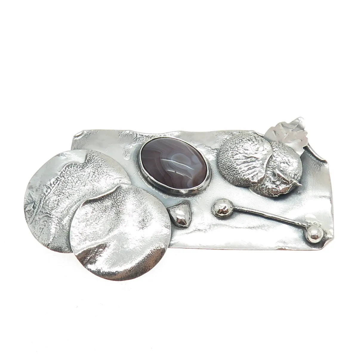 925 Sterling Silver Vintage Real Picture Agate Gemstone Modernist Pin Brooch