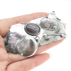 925 Sterling Silver Vintage Real Picture Agate Gemstone Modernist Pin Brooch