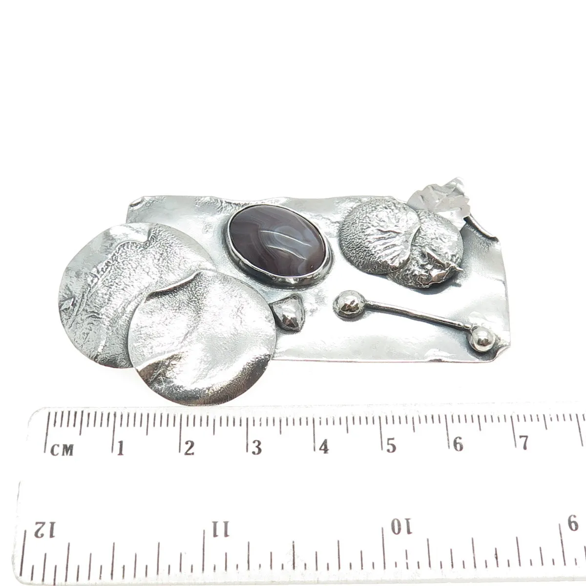 925 Sterling Silver Vintage Real Picture Agate Gemstone Modernist Pin Brooch