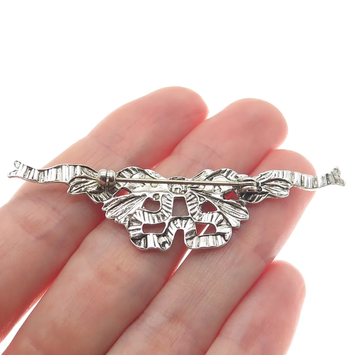 925 Sterling Silver Vintage Ribbon Bow Oxidized Pin Brooch