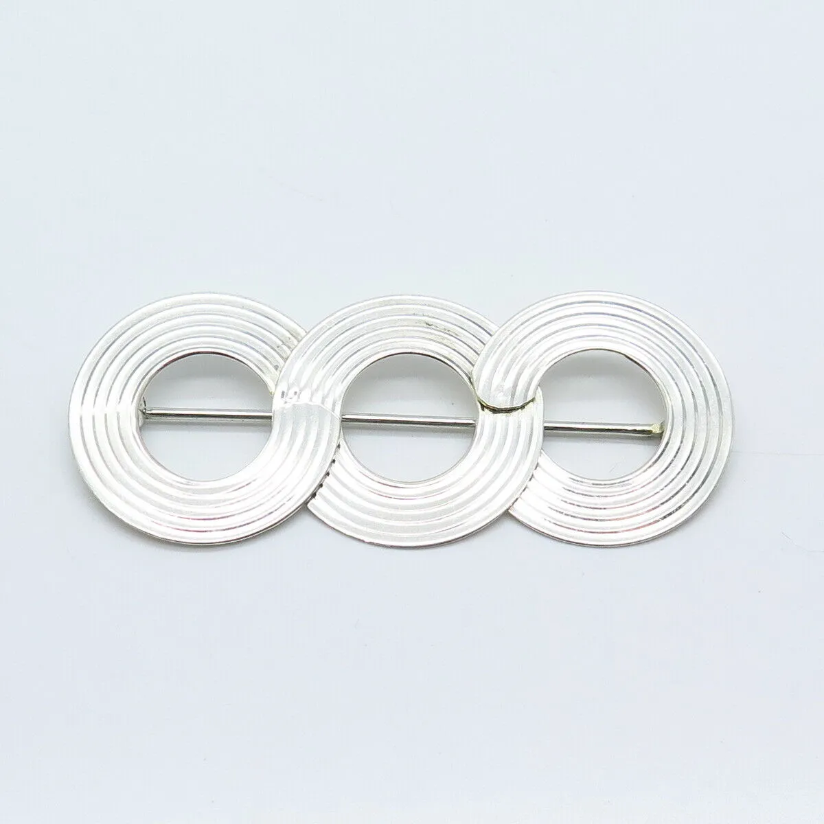 925 Sterling Silver Vintage Striped Triple Open Circle Pin Brooch