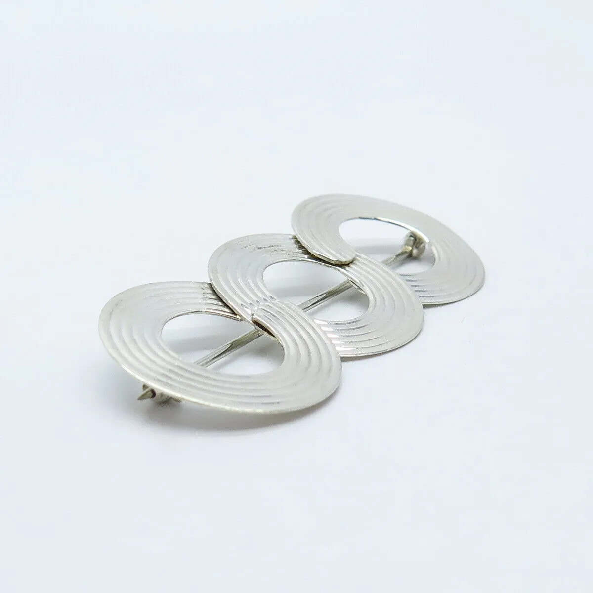 925 Sterling Silver Vintage Striped Triple Open Circle Pin Brooch