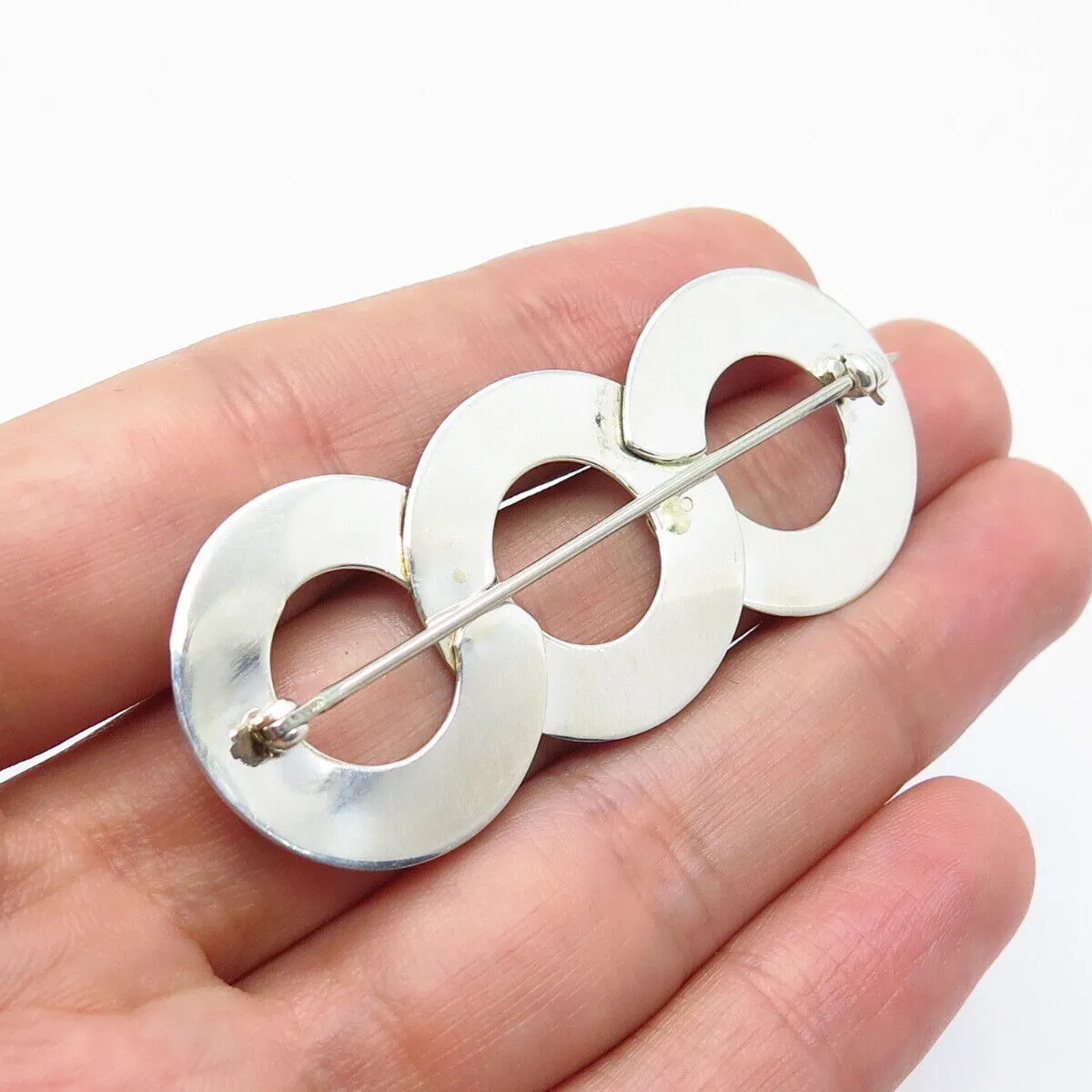 925 Sterling Silver Vintage Striped Triple Open Circle Pin Brooch