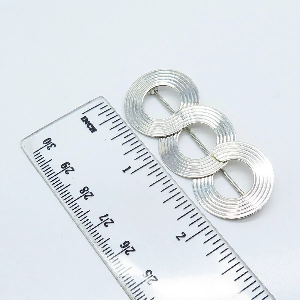 925 Sterling Silver Vintage Striped Triple Open Circle Pin Brooch