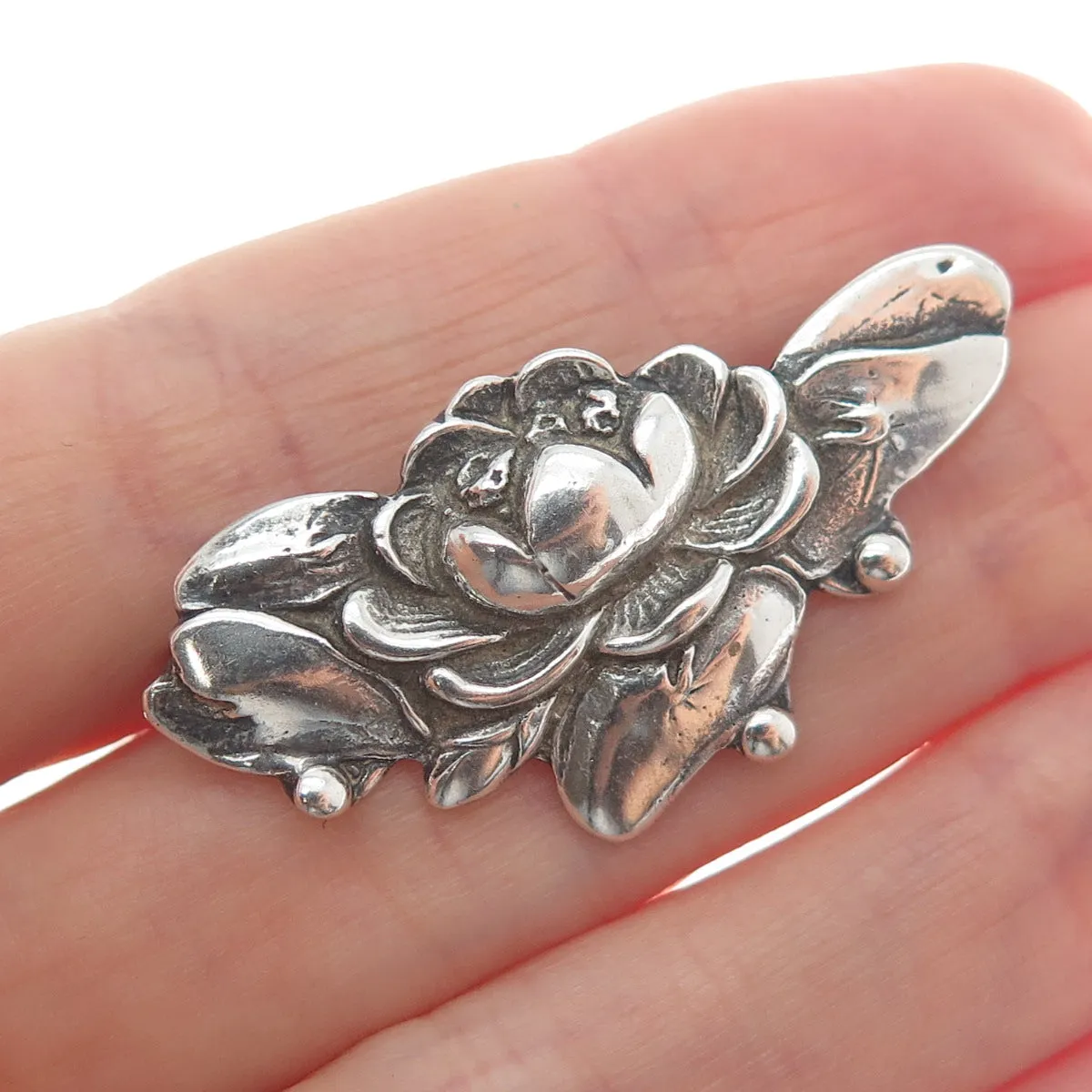 925 Sterling Silver Vintage Water Lily Lotus Blossoms Oxidized Pin Brooch