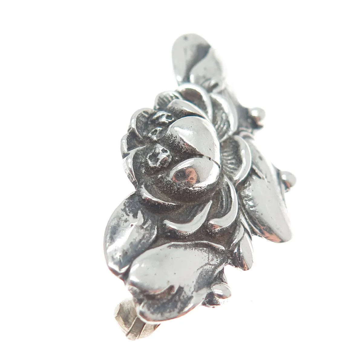 925 Sterling Silver Vintage Water Lily Lotus Blossoms Oxidized Pin Brooch