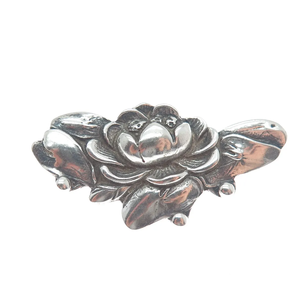 925 Sterling Silver Vintage Water Lily Lotus Blossoms Oxidized Pin Brooch