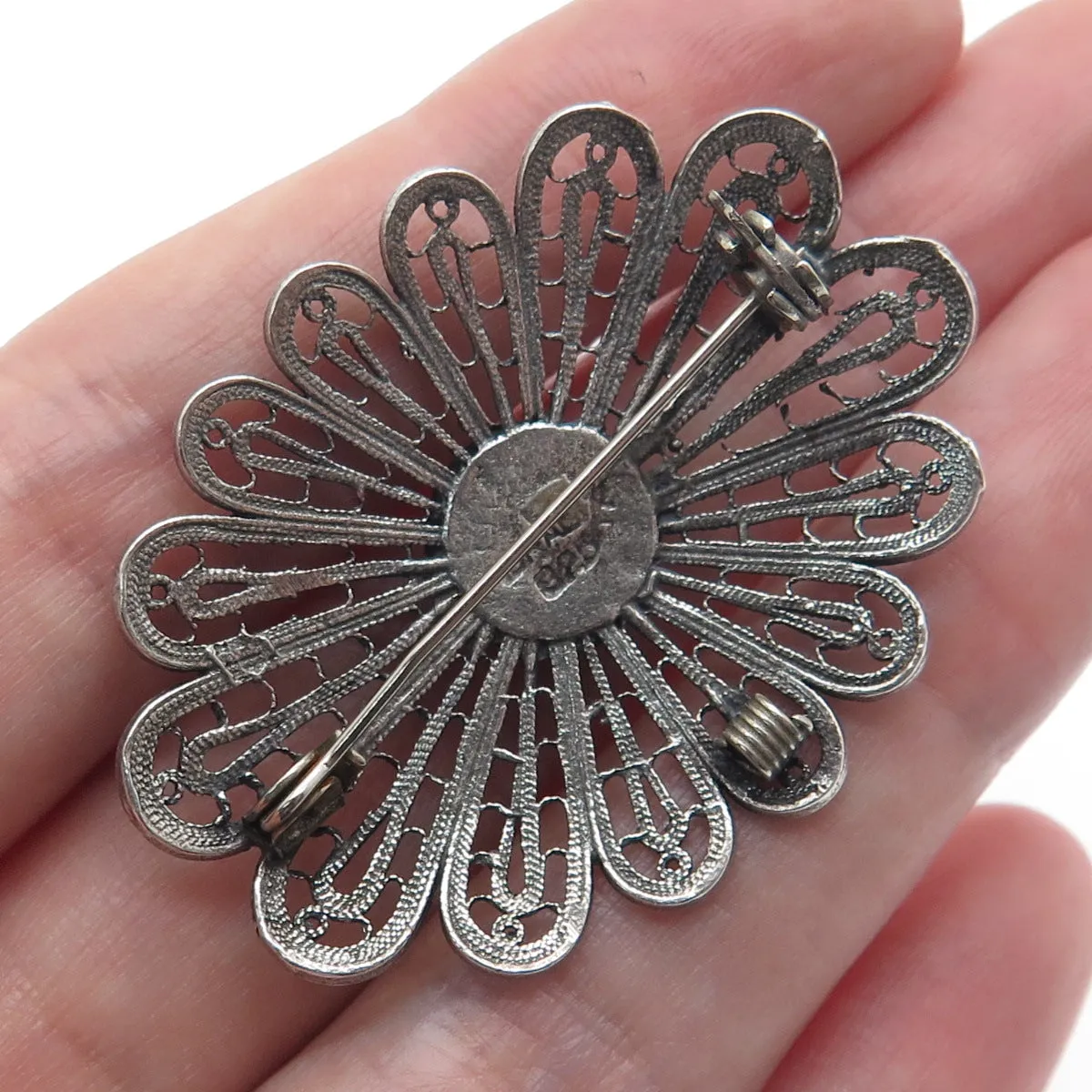 925 Sterling Vintage Israel Real Carnelian Filigree Flower Oxidized Pin Brooch