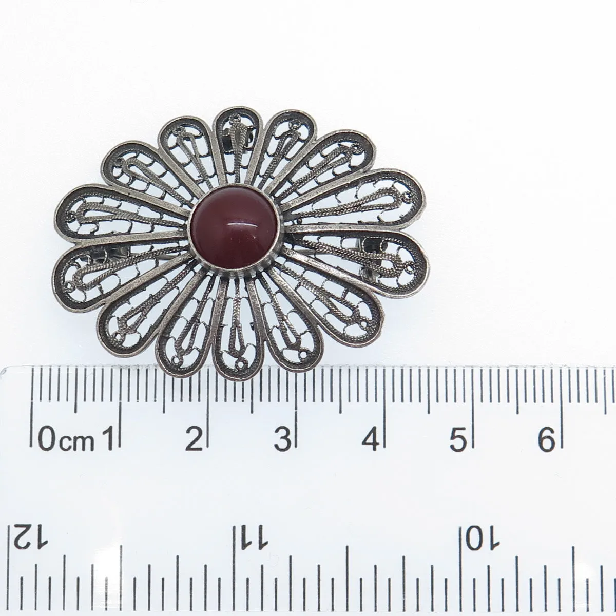 925 Sterling Vintage Israel Real Carnelian Filigree Flower Oxidized Pin Brooch