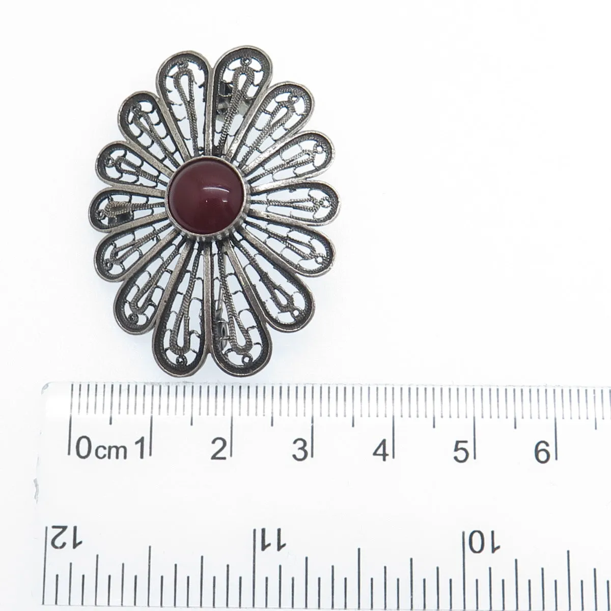 925 Sterling Vintage Israel Real Carnelian Filigree Flower Oxidized Pin Brooch