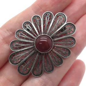 925 Sterling Vintage Israel Real Carnelian Filigree Flower Oxidized Pin Brooch