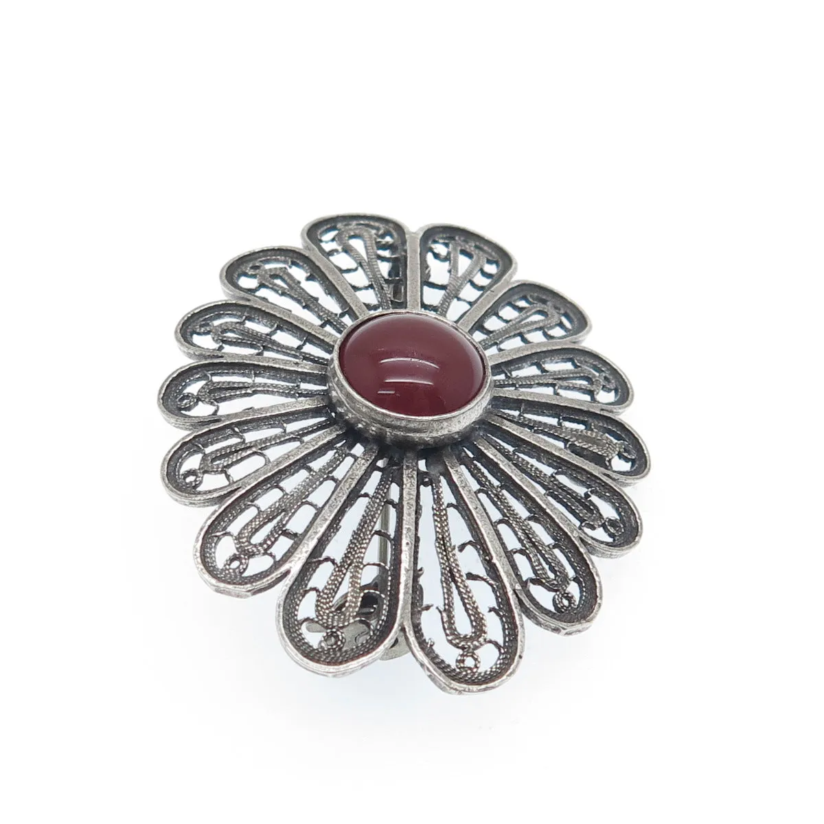 925 Sterling Vintage Israel Real Carnelian Filigree Flower Oxidized Pin Brooch