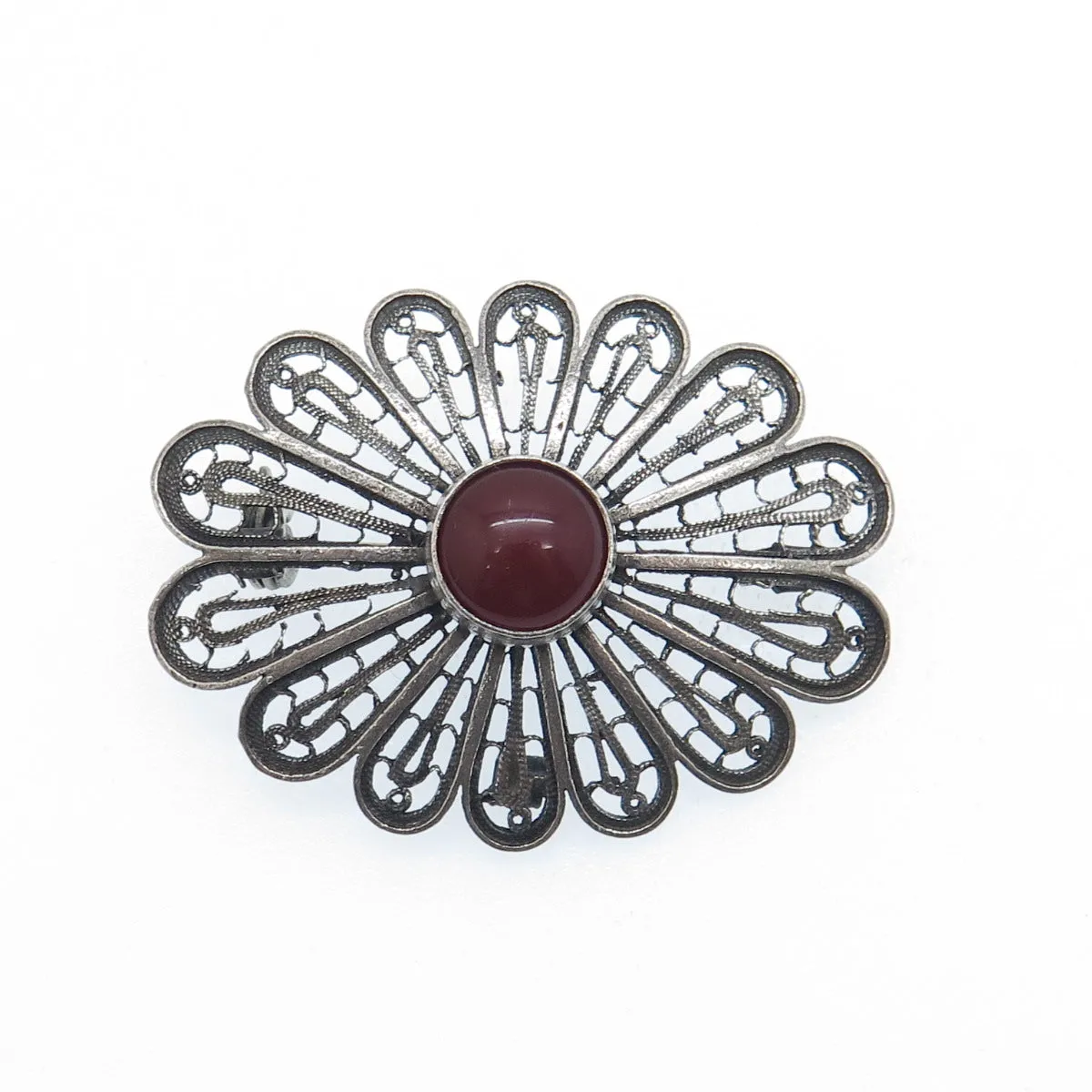 925 Sterling Vintage Israel Real Carnelian Filigree Flower Oxidized Pin Brooch