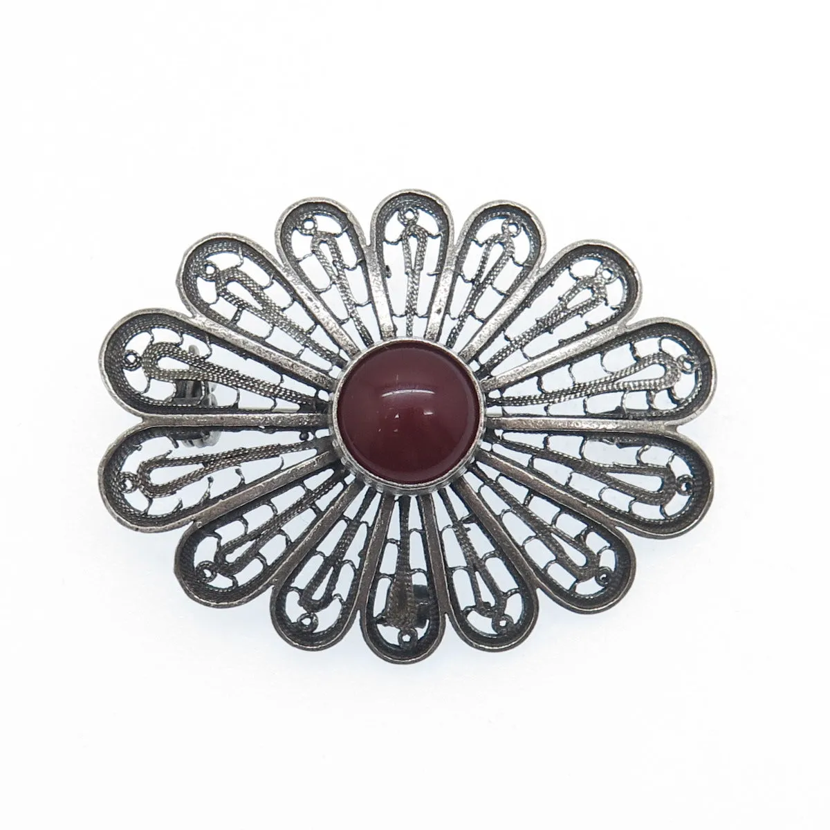 925 Sterling Vintage Israel Real Carnelian Filigree Flower Oxidized Pin Brooch