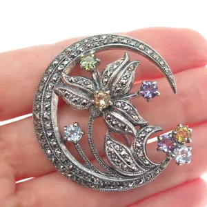 925 Sterling Vintage Topaz Amethyst Peridot Citrine & Marcasite Crescent Brooch