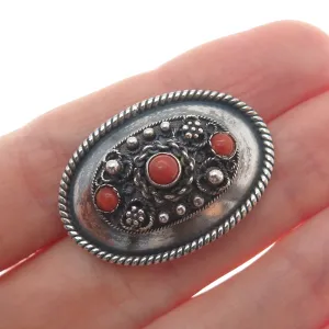 935 Silver Vintage Israel Real Coral Floral Oxidized Pin Brooch