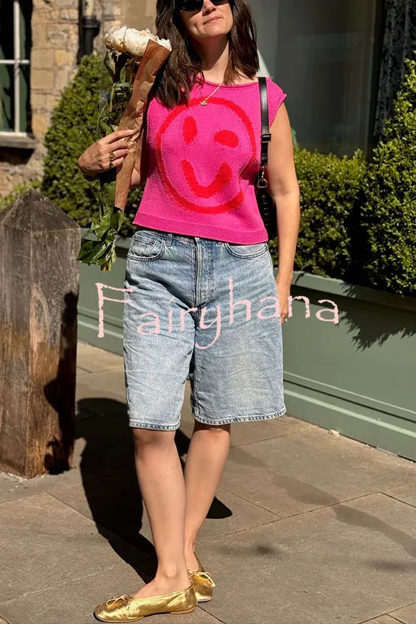 Always Happy Face Knit Unique Pattern Versatile Loose Tank Top