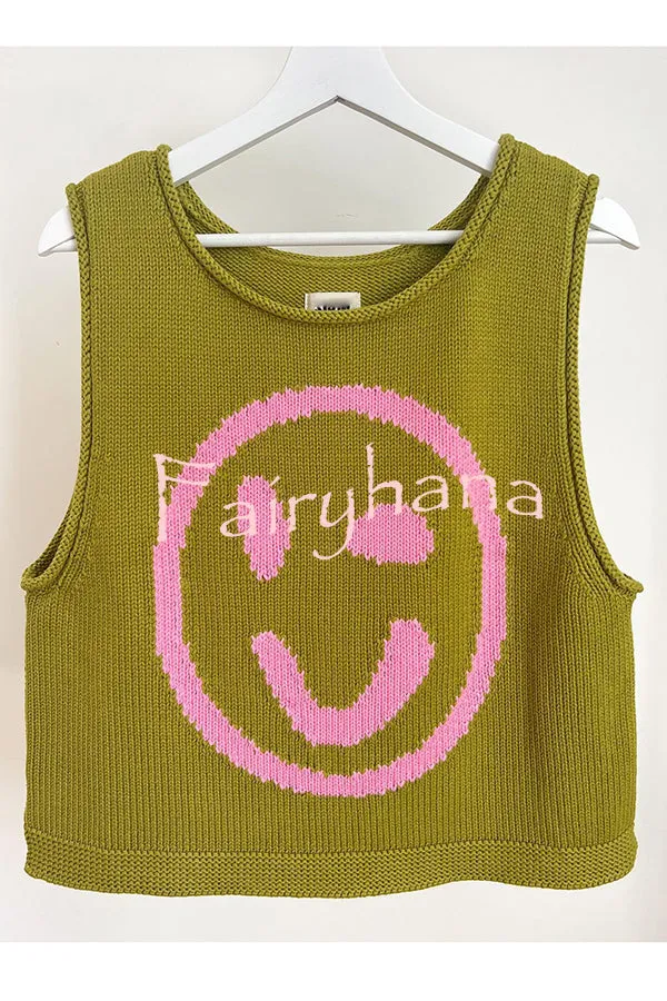 Always Happy Face Knit Unique Pattern Versatile Loose Tank Top