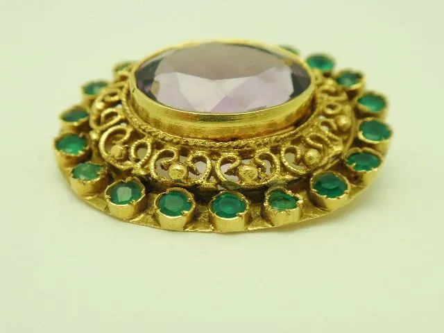 Antique 18K Amethyst & Emerald Brooch